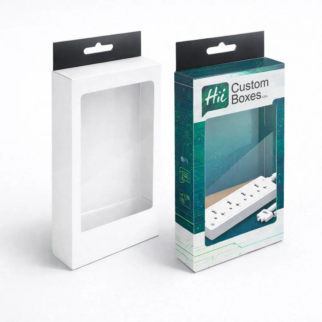 Two retail display boxes with hanging tabs and clear windows, showing a white extension lead.